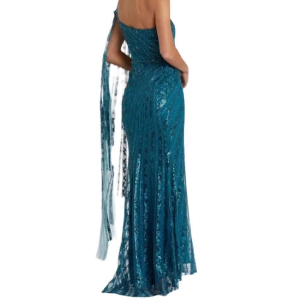 NWT Mac Duggal 20528 Ocean Blue One Shoulder Cape Sleeve Embellished Gown -Sz 12 - Picture 2 of 10